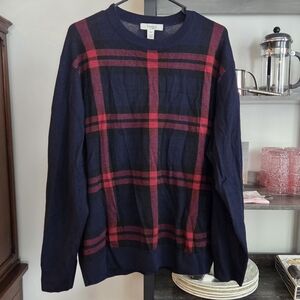 Turnbury 100% Merino Wool Navy and Red Plaid Sweater Warm Lightweight XL